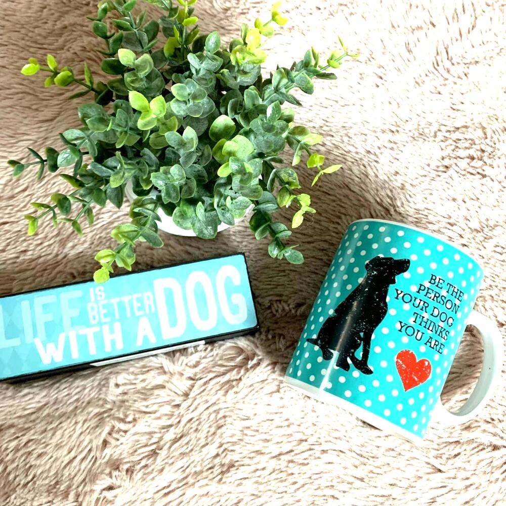 Dog Lover Pet Bundle Blue Polka Dot Mug & Life Is Better With A Dog Block Sign